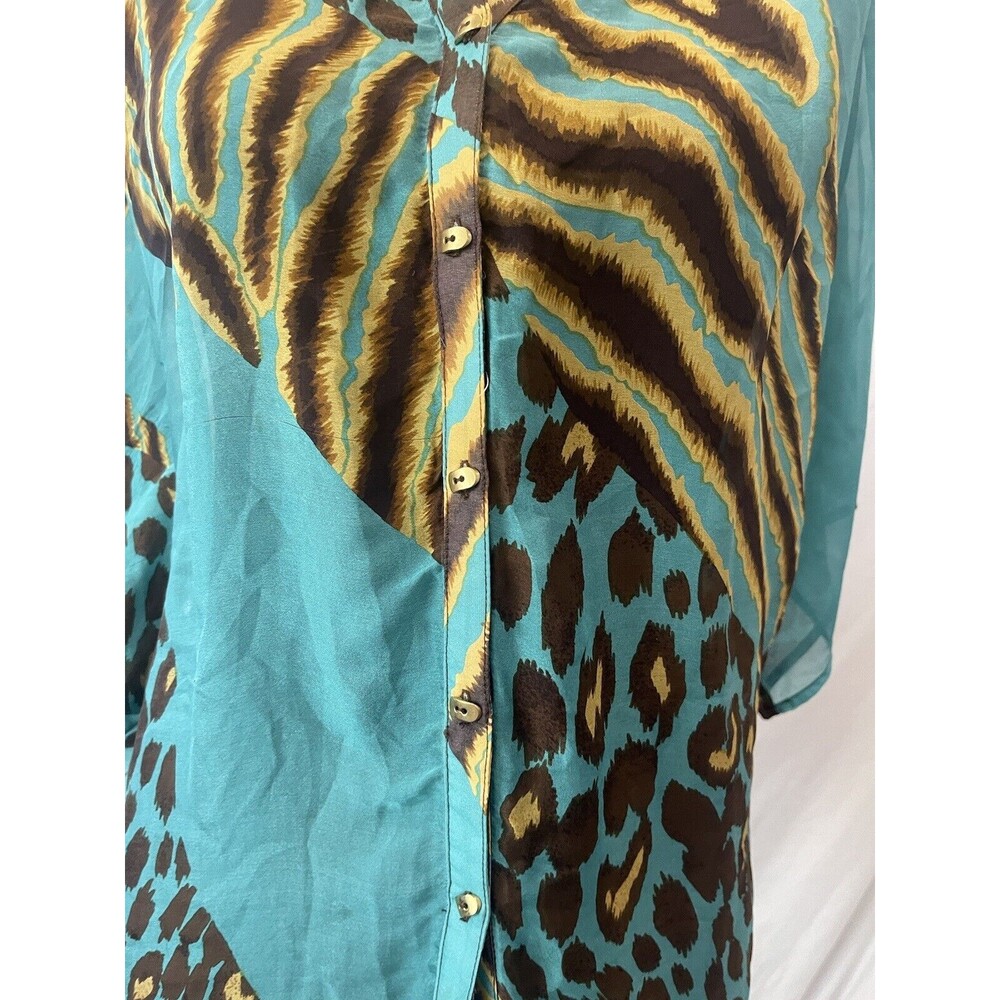 Alberto Makali 100% Silk Blouse Women Teal Animal print Medium Sheer - Picture 5 of 8